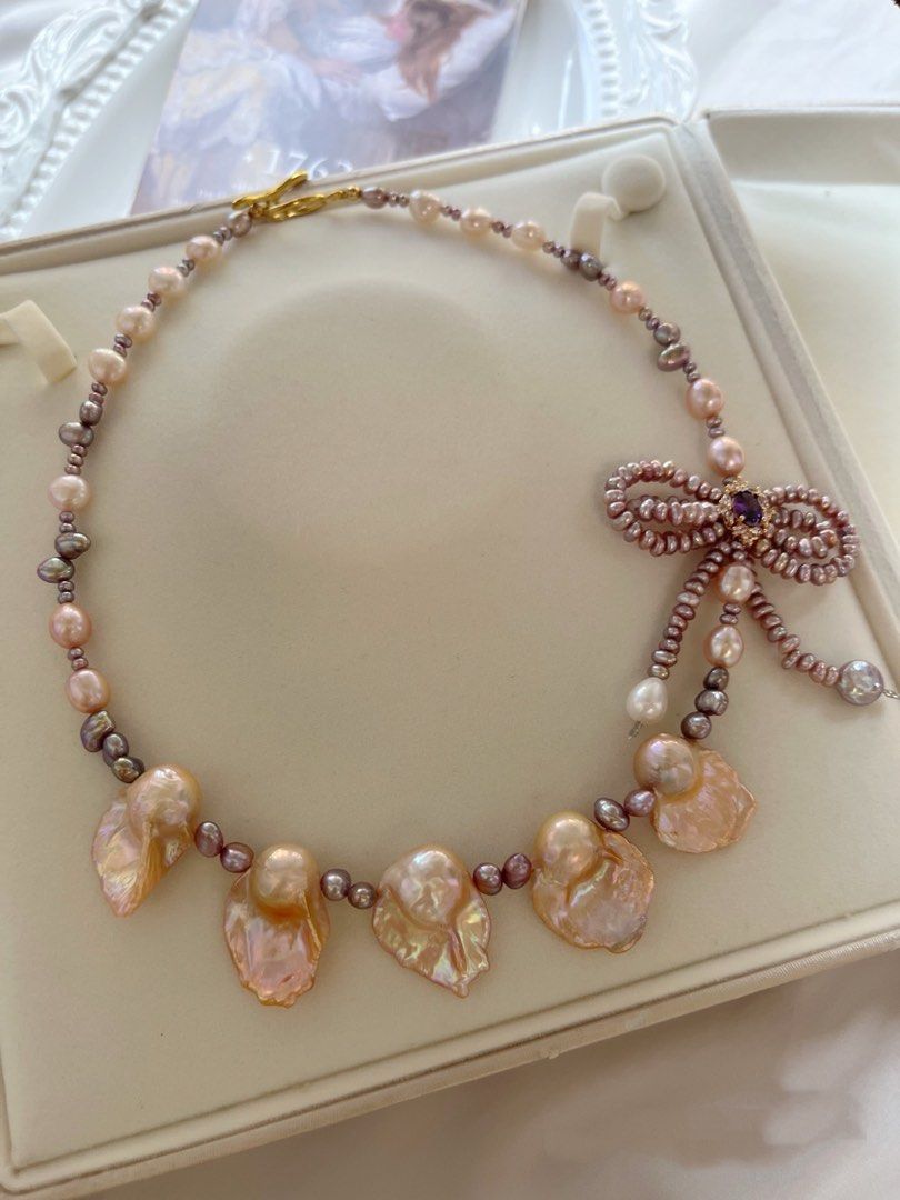 #PN736 Freshwater Pearl Necklace | Golden Lustrous Fishtail Baroque | 2-layer Ribbon 🎀 | High Quality | Metallic Small Baroque | Jewelry That Speaks Up