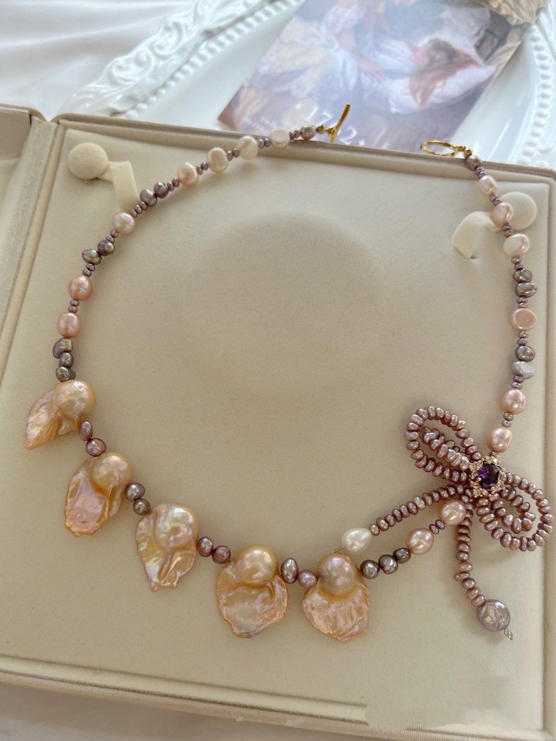 #PN736 Freshwater Pearl Necklace | Golden Lustrous Fishtail Baroque | 2-layer Ribbon 🎀 | High Quality | Metallic Small Baroque | Jewelry That Speaks Up