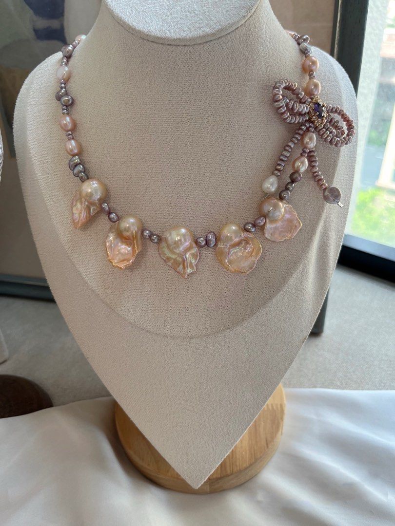 #PN736 Freshwater Pearl Necklace | Golden Lustrous Fishtail Baroque | 2-layer Ribbon 🎀 | High Quality | Metallic Small Baroque | Jewelry That Speaks Up