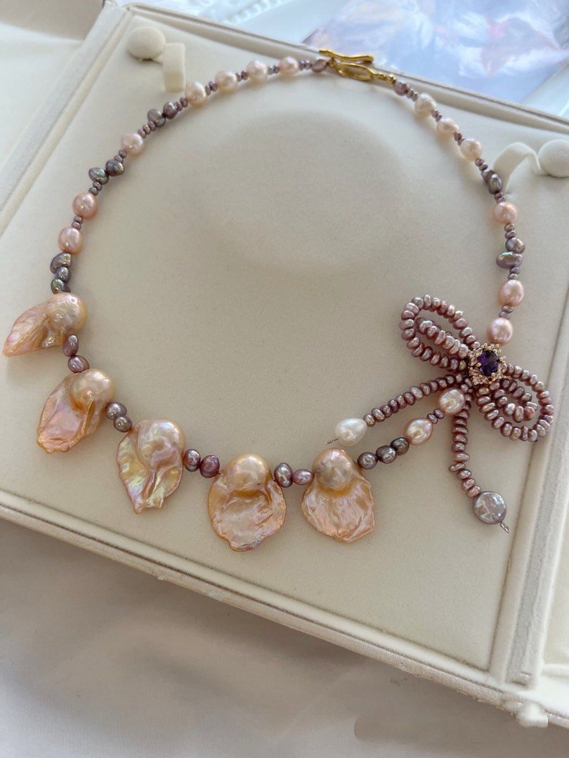 #PN736 Freshwater Pearl Necklace | Golden Lustrous Fishtail Baroque | 2-layer Ribbon 🎀 | High Quality | Metallic Small Baroque | Jewelry That Speaks Up