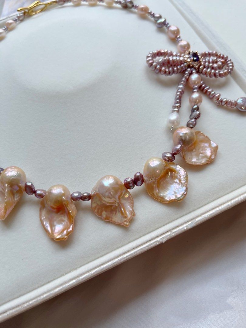 #PN736 Freshwater Pearl Necklace | Golden Lustrous Fishtail Baroque | 2-layer Ribbon 🎀 | High Quality | Metallic Small Baroque | Jewelry That Speaks Up