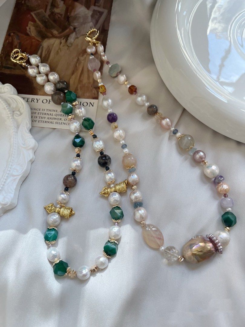 #PN737 Freshwater Pearl Necklace | Agate| Natural Stones | Pearl Hoop | Metallic Baroque | Easygoing With Styles