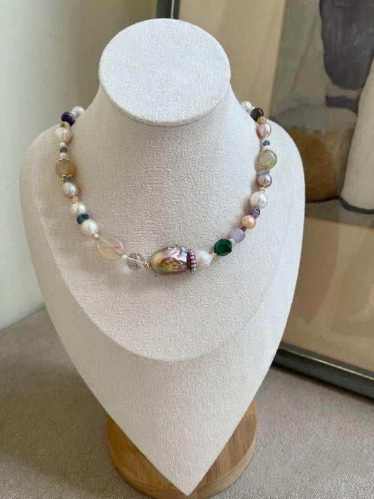 #PN737 Freshwater Pearl Necklace | Agate| Natural Stones | Pearl Hoop | Metallic Baroque | Easygoing With Styles