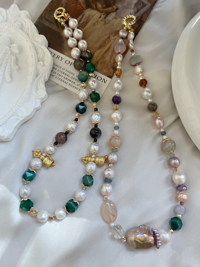 #PN737 Freshwater Pearl Necklace | Agate| Natural Stones | Pearl Hoop | Metallic Baroque | Easygoing With Styles