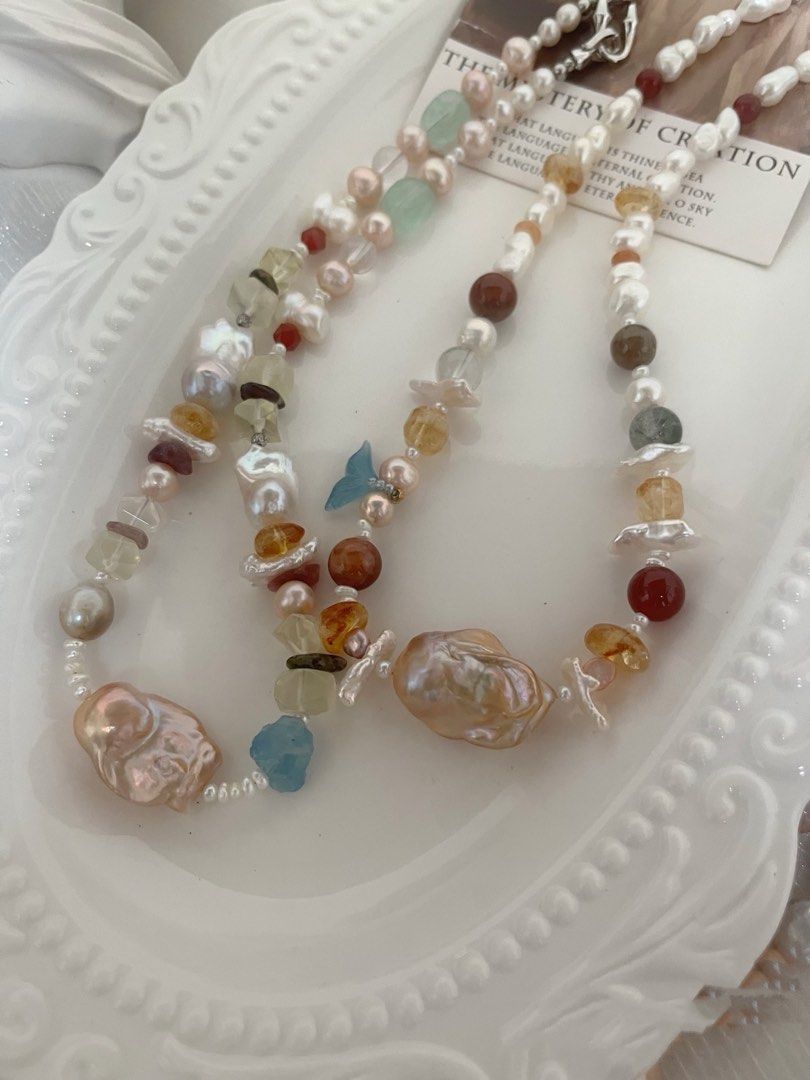 #PN750 Freshwater Pearl & Natural Stones Necklace | Lemon Quartz | Fluorite | Sakura Agate| Ghost Quartz | Super Big Fishtail Baroque | Spinel| Luxury with A Voice