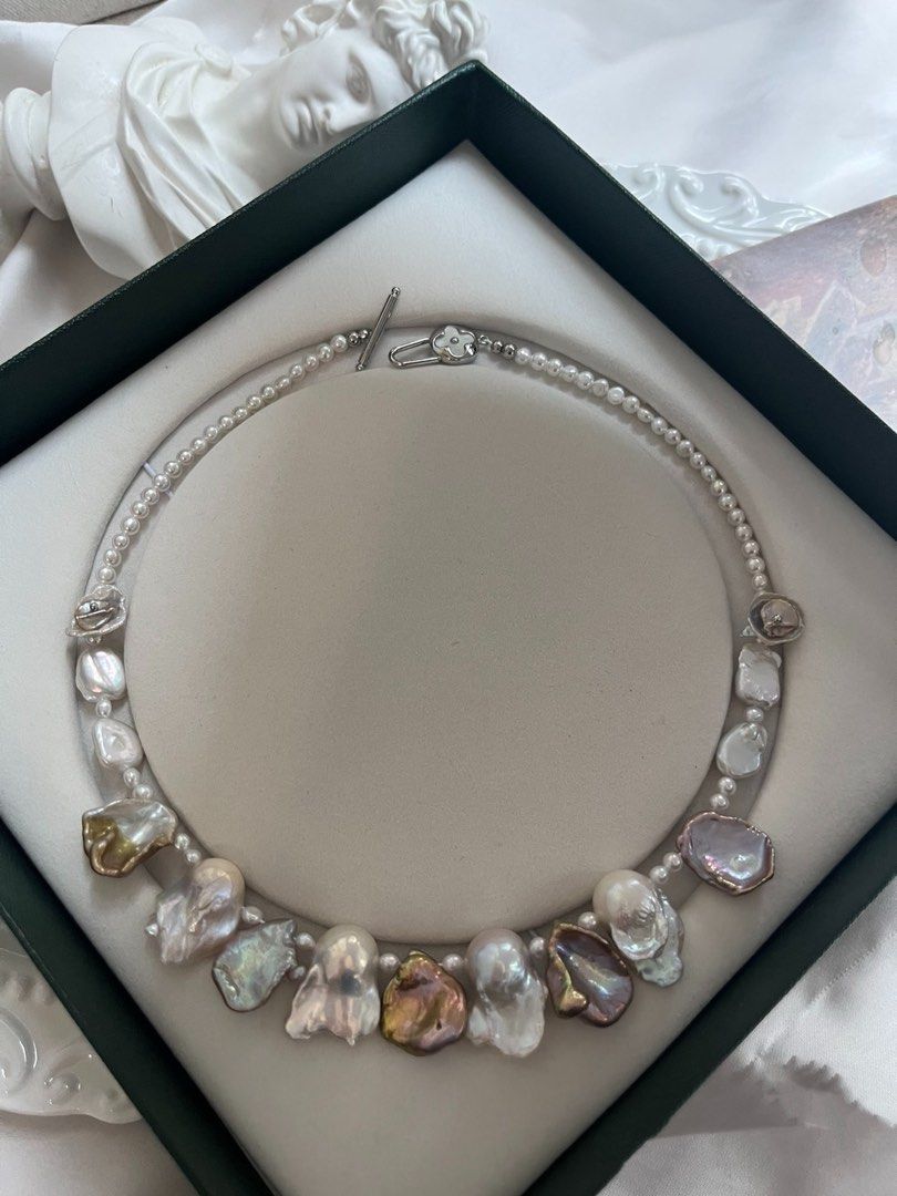 #PN752 Freshwater Pearl Necklace | Big Petal|Petal on Pearl | Lustrous | Golden Green Lustre | Medium Size Fishtail Baroque | Top Lustre Baby Pearl| Made to Empower You