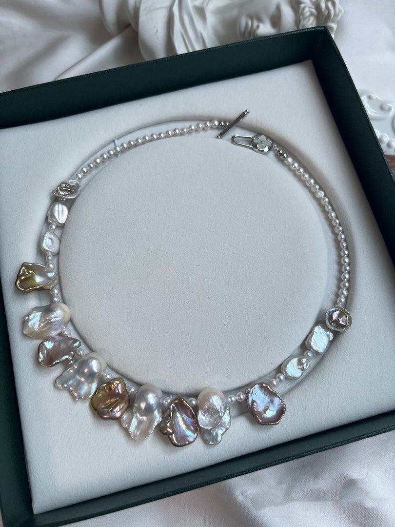 #PN752 Freshwater Pearl Necklace | Big Petal|Petal on Pearl | Lustrous | Golden Green Lustre | Medium Size Fishtail Baroque | Top Lustre Baby Pearl| Made to Empower You