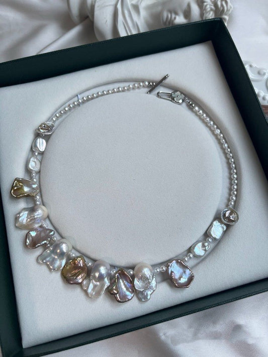 #PN752 Freshwater Pearl Necklace | Big Petal|Petal on Pearl | Lustrous | Golden Green Lustre | Medium Size Fishtail Baroque | Top Lustre Baby Pearl| Made to Empower You