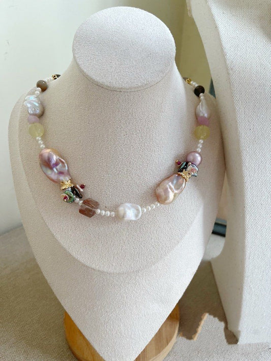 #PN757 [Floral Series] Freshwater Pearl Necklace | Colourful Petals | Agate| Fishtail Baroque | Fire Quartz Square | Citrine | Turn Heads. Take Space.