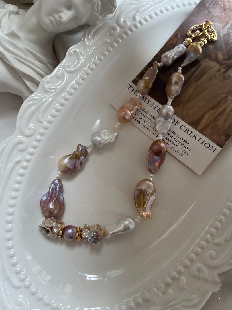 #PN759 [Floral Series] Freshwater Pearl Necklace | Long Lustrous Fishtail Baroque | Mixed Colours | Golden Lustre| High Quality | Lead With Luxury