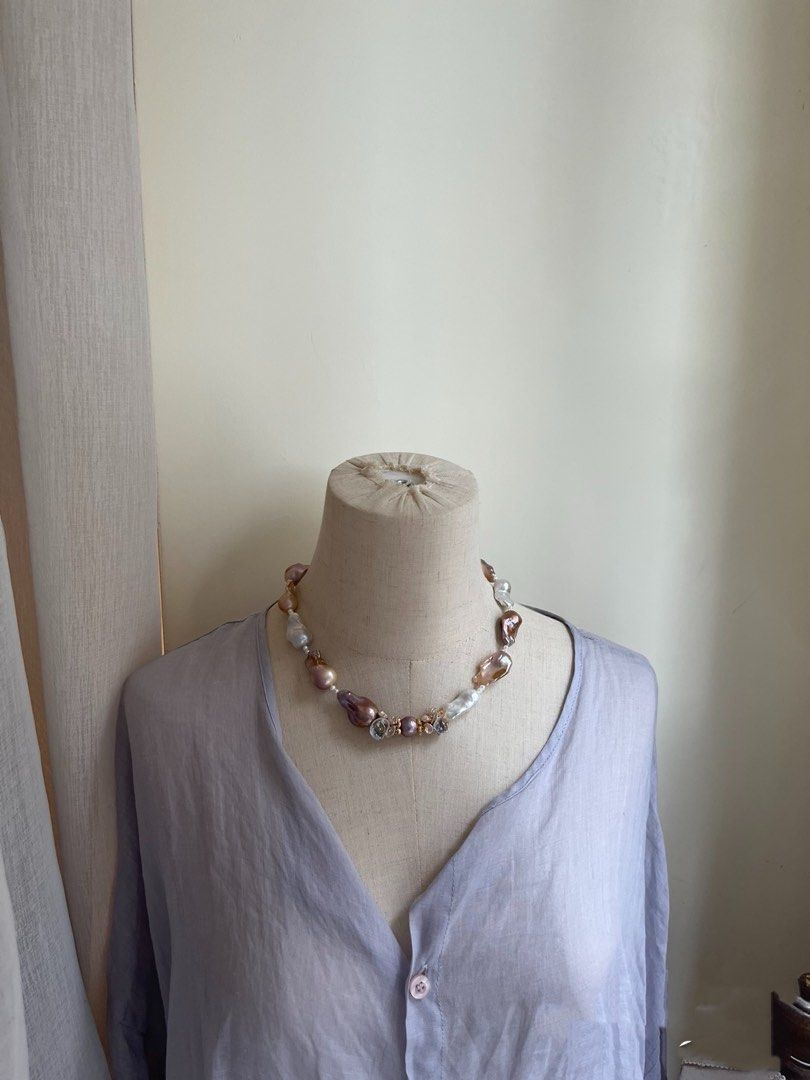 #PN759 [Floral Series] Freshwater Pearl Necklace | Long Lustrous Fishtail Baroque | Mixed Colours | Golden Lustre| High Quality | Lead With Luxury