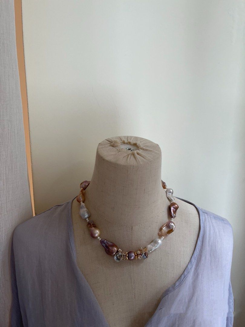 #PN759 [Floral Series] Freshwater Pearl Necklace | Long Lustrous Fishtail Baroque | Mixed Colours | Golden Lustre| High Quality | Lead With Luxury