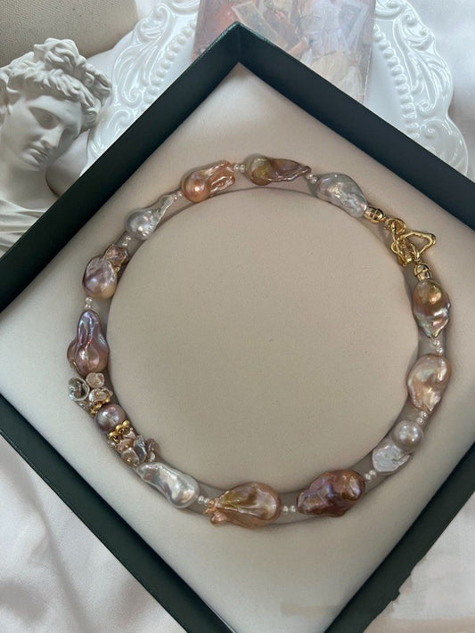 #PN759 [Floral Series] Freshwater Pearl Necklace | Long Lustrous Fishtail Baroque | Mixed Colours | Golden Lustre| High Quality | Lead With Luxury