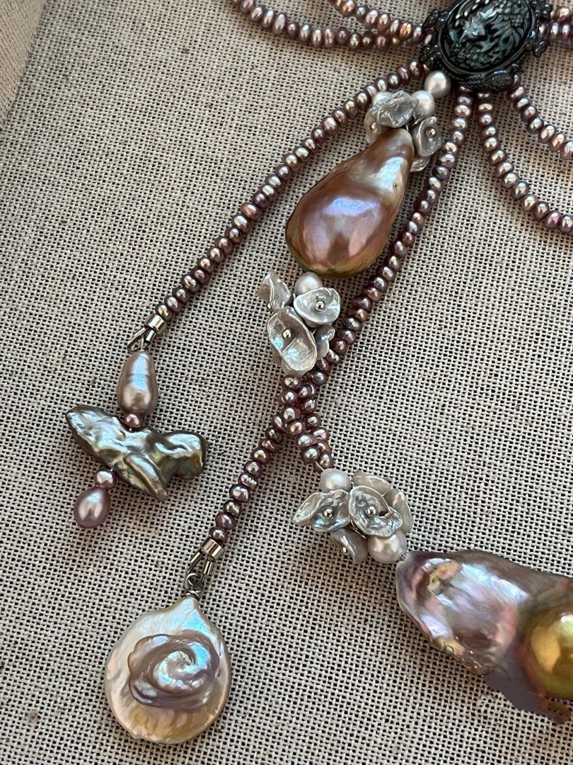 #PN762 [Floral Series] Freshwater Pearl Necklace | Double Layered Bow Tie Design | Deep Purple Metallic Baby Pearl | Super Big Fishtail Baroque | Golden Lustre| Silver Petals | Cross| One of A Kind