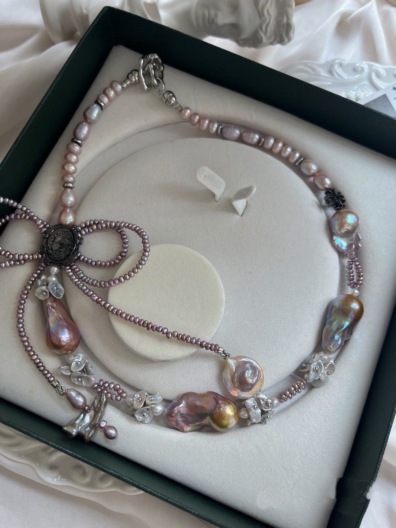 #PN762 [Floral Series] Freshwater Pearl Necklace | Double Layered Bow Tie Design | Deep Purple Metallic Baby Pearl | Super Big Fishtail Baroque | Golden Lustre| Silver Petals | Cross| One of A Kind