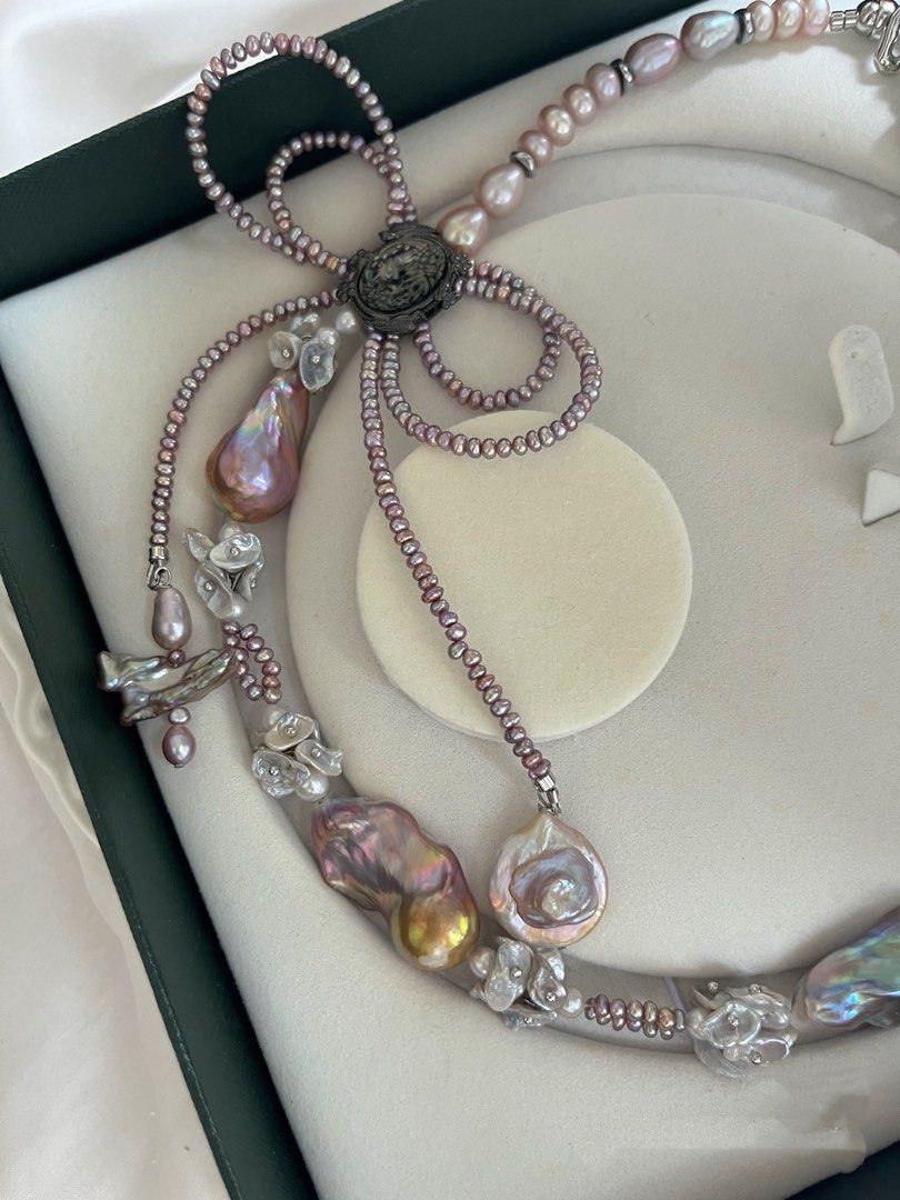 #PN762 [Floral Series] Freshwater Pearl Necklace | Double Layered Bow Tie Design | Deep Purple Metallic Baby Pearl | Super Big Fishtail Baroque | Golden Lustre| Silver Petals | Cross| One of A Kind