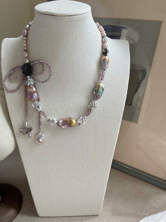 #PN762 [Floral Series] Freshwater Pearl Necklace | Double Layered Bow Tie Design | Deep Purple Metallic Baby Pearl | Super Big Fishtail Baroque | Golden Lustre| Silver Petals | Cross| One of A Kind
