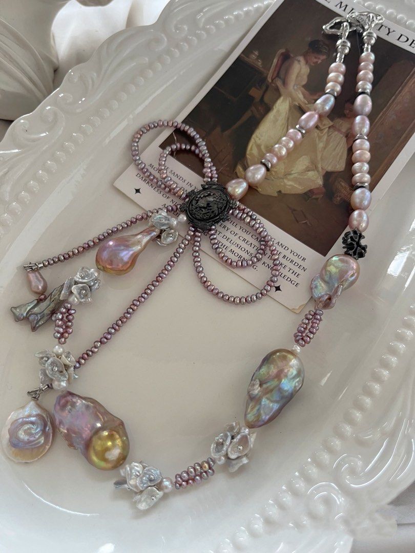 #PN762 [Floral Series] Freshwater Pearl Necklace | Double Layered Bow Tie Design | Deep Purple Metallic Baby Pearl | Super Big Fishtail Baroque | Golden Lustre| Silver Petals | Cross| One of A Kind