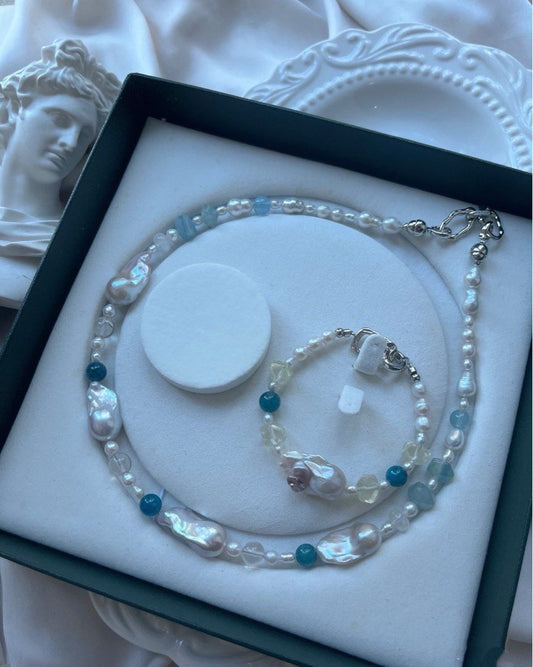 #PN764 Freshwater Pearl & Aquamarine Necklace & Bracelet Set | Fishtail Baroque | Lustrous | Petal on Pearl Design | Can Connect to Wear| Citrine | Apatite | Cold Blue Gourd Baroque | Cool Summer