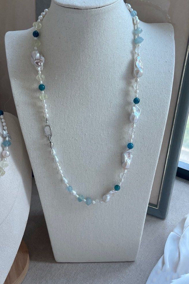 #PN764 Freshwater Pearl & Aquamarine Necklace & Bracelet Set | Fishtail Baroque | Lustrous | Petal on Pearl Design | Can Connect to Wear| Citrine | Apatite | Cold Blue Gourd Baroque | Cool Summer