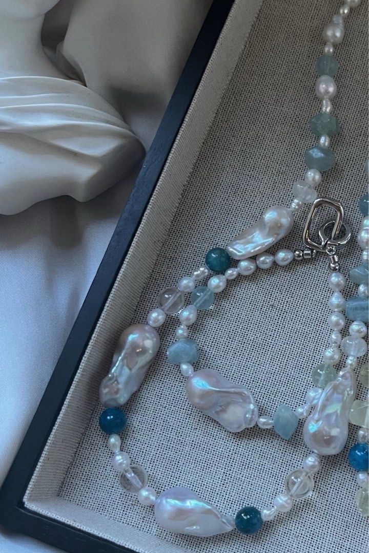 #PN764 Freshwater Pearl & Aquamarine Necklace & Bracelet Set | Fishtail Baroque | Lustrous | Petal on Pearl Design | Can Connect to Wear| Citrine | Apatite | Cold Blue Gourd Baroque | Cool Summer
