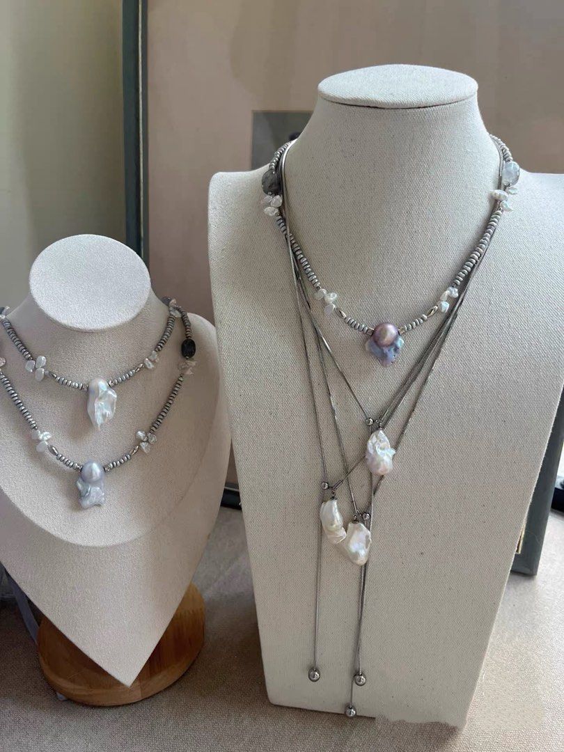 #PN791 Freshwater Pearl Necklace | Supreme Grey Fishtail Baroque |Treated Grey Colour |Lustrous | Layered Baby Petals | Natural Stones | Ins. Style Sweater Baroque Necklace | Flexible Length | Wear It. Love It.