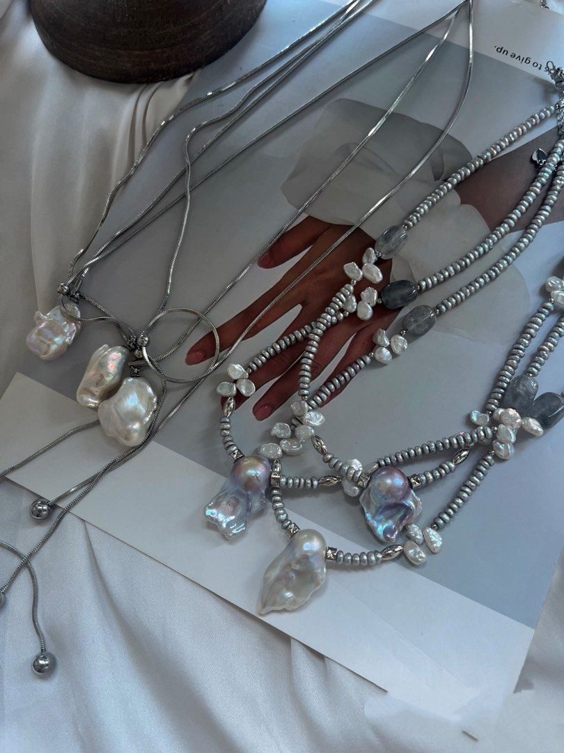 #PN791 Freshwater Pearl Necklace | Supreme Grey Fishtail Baroque |Treated Grey Colour |Lustrous | Layered Baby Petals | Natural Stones | Ins. Style Sweater Baroque Necklace | Flexible Length | Wear It. Love It.