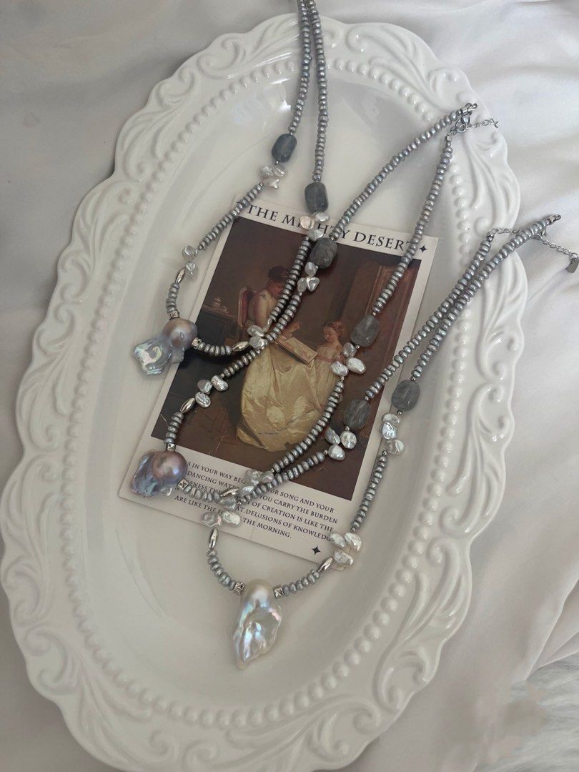 #PN791 Freshwater Pearl Necklace | Supreme Grey Fishtail Baroque |Treated Grey Colour |Lustrous | Layered Baby Petals | Natural Stones | Ins. Style Sweater Baroque Necklace | Flexible Length | Wear It. Love It.