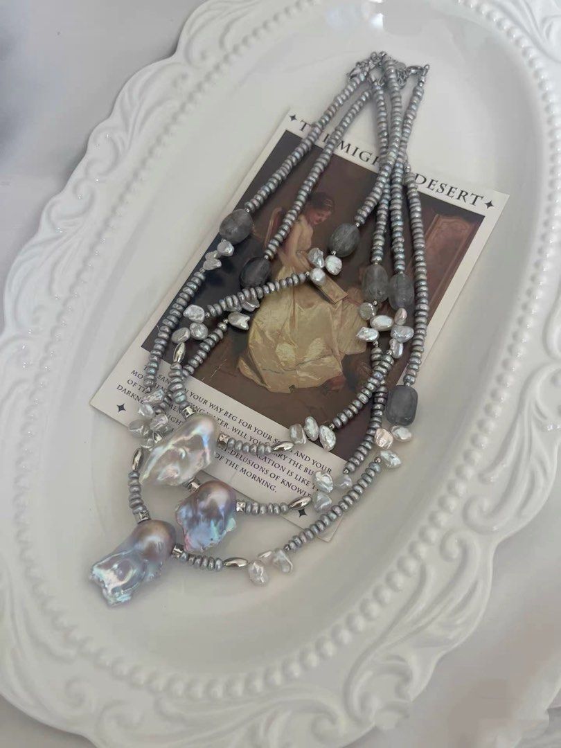 #PN791 Freshwater Pearl Necklace | Supreme Grey Fishtail Baroque |Treated Grey Colour |Lustrous | Layered Baby Petals | Natural Stones | Ins. Style Sweater Baroque Necklace | Flexible Length | Wear It. Love It.