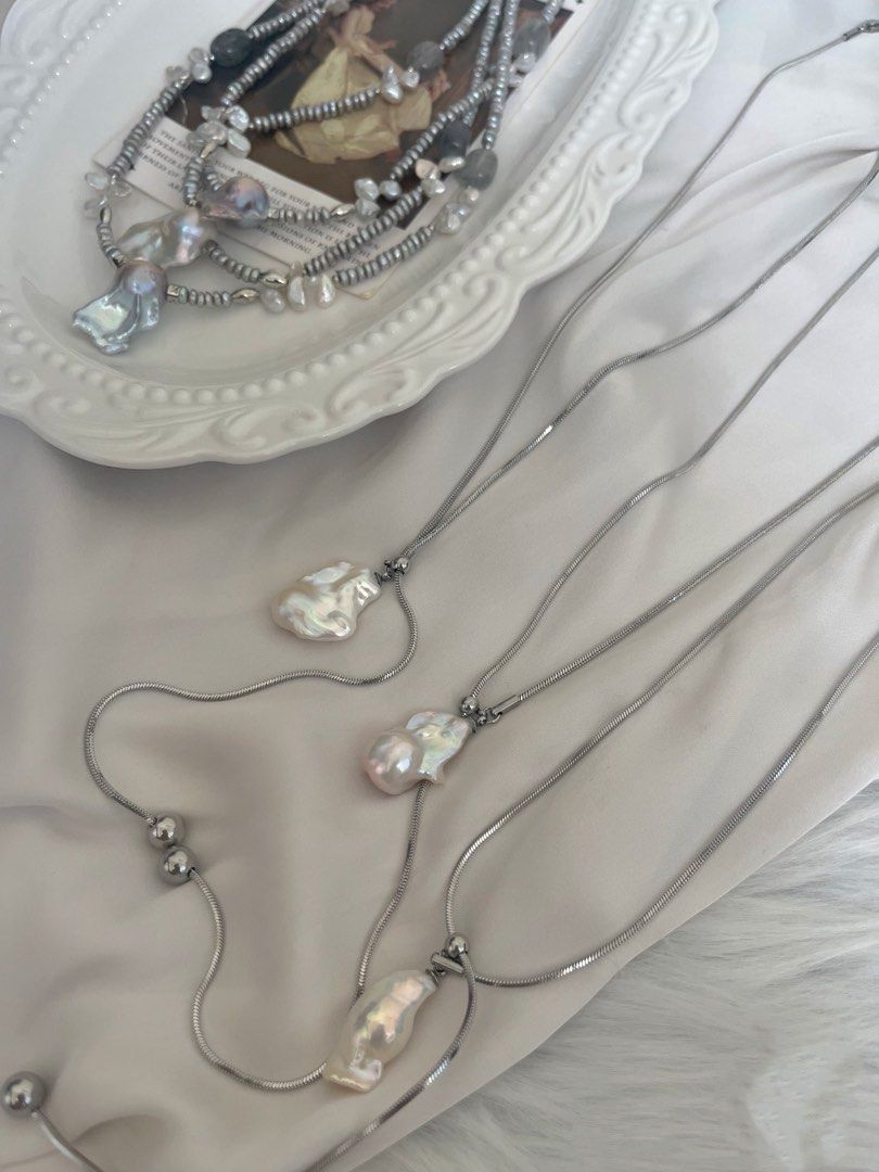 #PN791 Freshwater Pearl Necklace | Supreme Grey Fishtail Baroque |Treated Grey Colour |Lustrous | Layered Baby Petals | Natural Stones | Ins. Style Sweater Baroque Necklace | Flexible Length | Wear It. Love It.