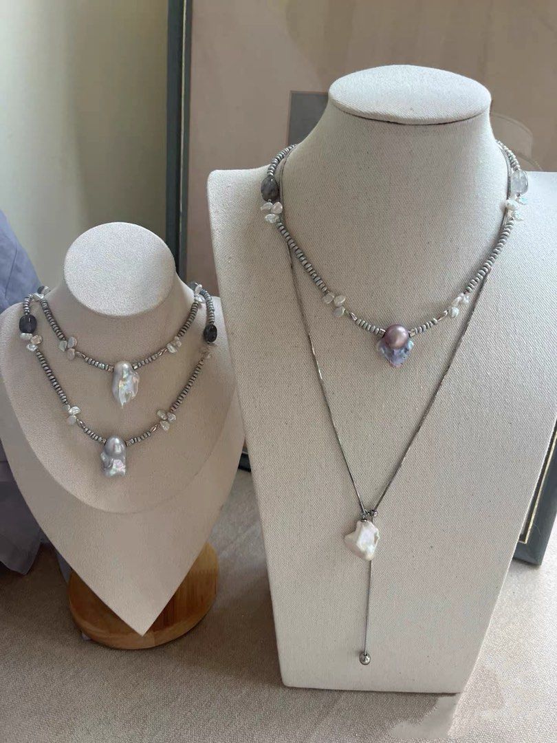 #PN791 Freshwater Pearl Necklace | Supreme Grey Fishtail Baroque |Treated Grey Colour |Lustrous | Layered Baby Petals | Natural Stones | Ins. Style Sweater Baroque Necklace | Flexible Length | Wear It. Love It.