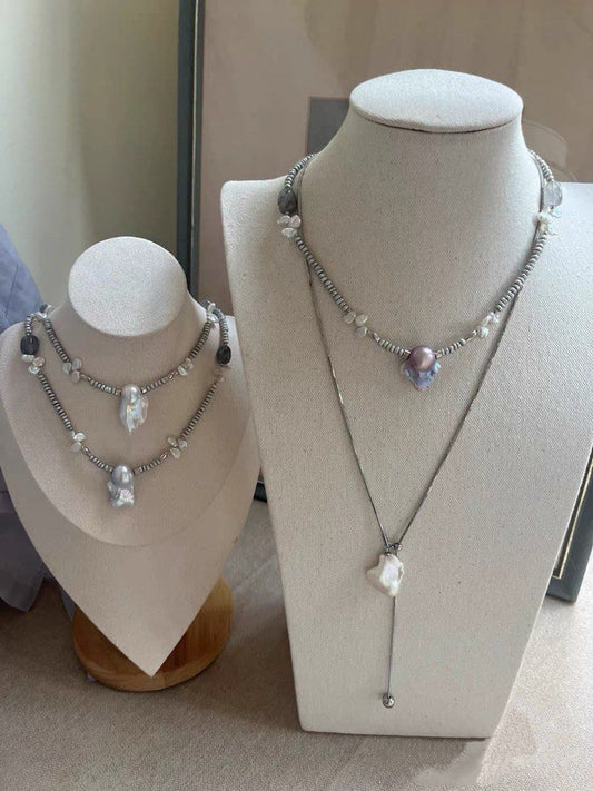 #PN791 Freshwater Pearl Necklace | Supreme Grey Fishtail Baroque |Treated Grey Colour |Lustrous | Layered Baby Petals | Natural Stones | Ins. Style Sweater Baroque Necklace | Flexible Length | Wear It. Love It.