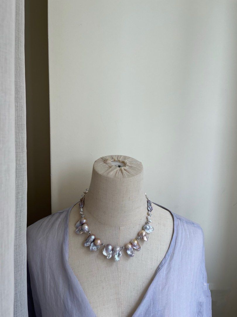 #PN794 Freshwater Pearl Necklace | Blue Purple-ish Shade Big Fishtail Baroque | Silver “Stone” Pearl | Big Blue Lute| Petals| Rare Colour| Chic Starts Here