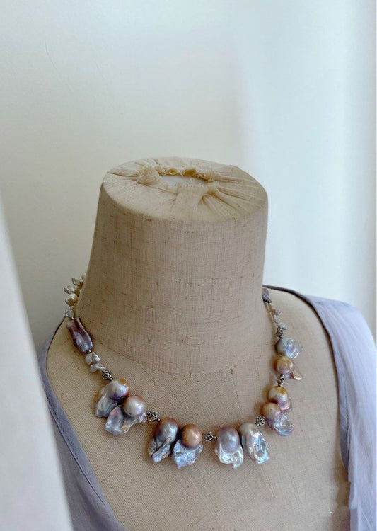 #PN794 Freshwater Pearl Necklace | Blue Purple-ish Shade Big Fishtail Baroque | Silver “Stone” Pearl | Big Blue Lute| Petals| Rare Colour| Chic Starts Here