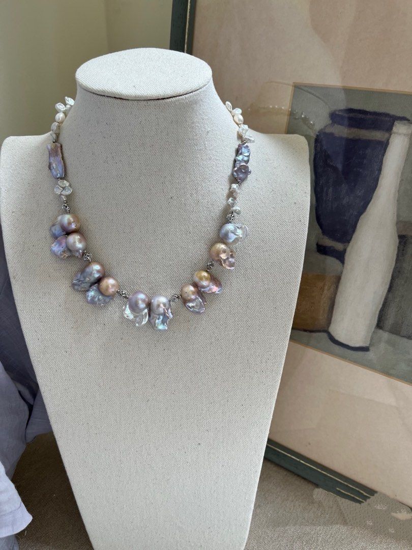 #PN794 Freshwater Pearl Necklace | Blue Purple-ish Shade Big Fishtail Baroque | Silver “Stone” Pearl | Big Blue Lute| Petals| Rare Colour| Chic Starts Here