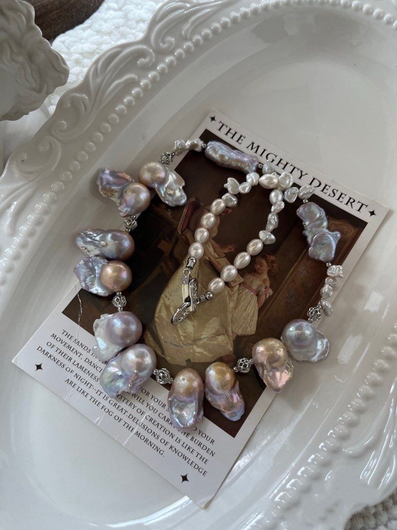 #PN794 Freshwater Pearl Necklace | Blue Purple-ish Shade Big Fishtail Baroque | Silver “Stone” Pearl | Big Blue Lute| Petals| Rare Colour| Chic Starts Here