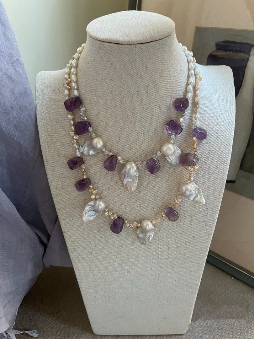 #PN796 Freshwater Pearl Necklace | Amethyst Freeform | Baby Petals | Silver, Champagne | Your Next Obsession