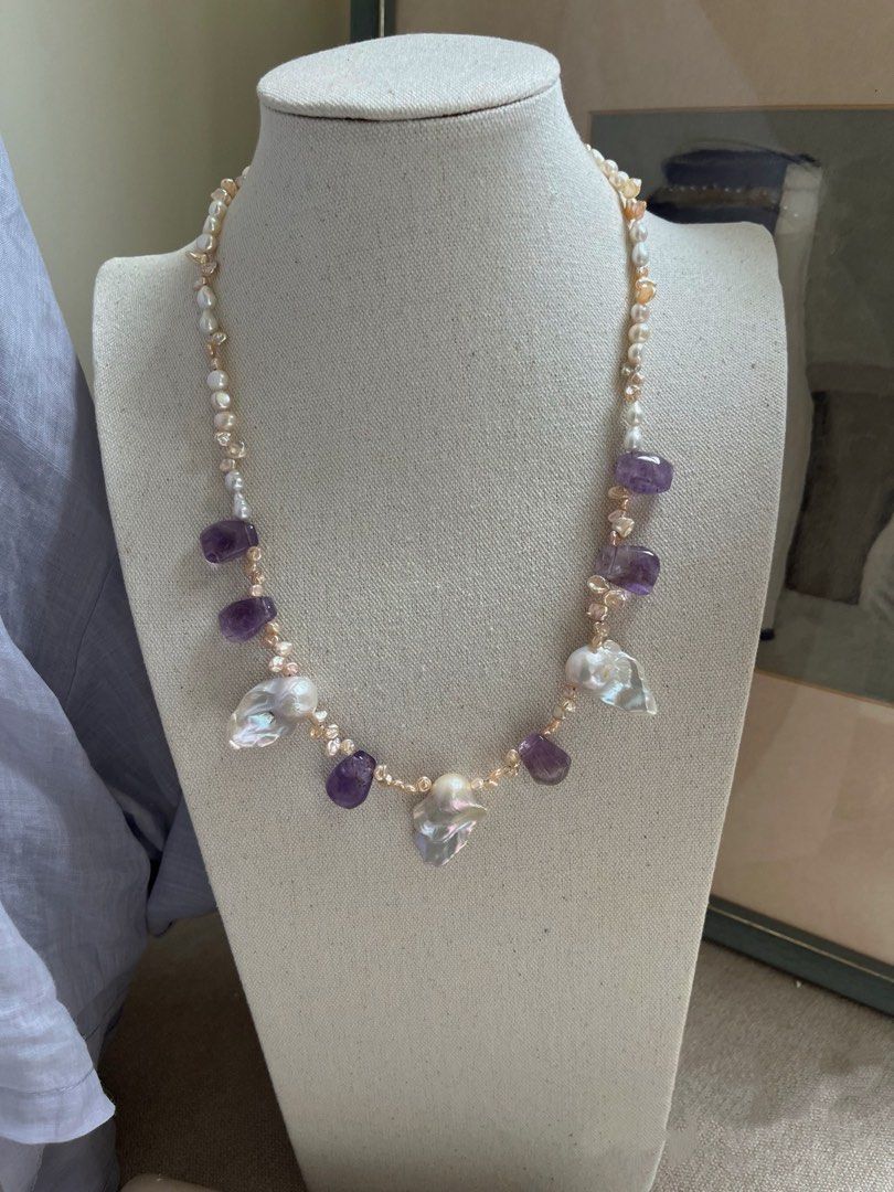 #PN796 Freshwater Pearl Necklace | Amethyst Freeform | Baby Petals | Silver, Champagne | Your Next Obsession
