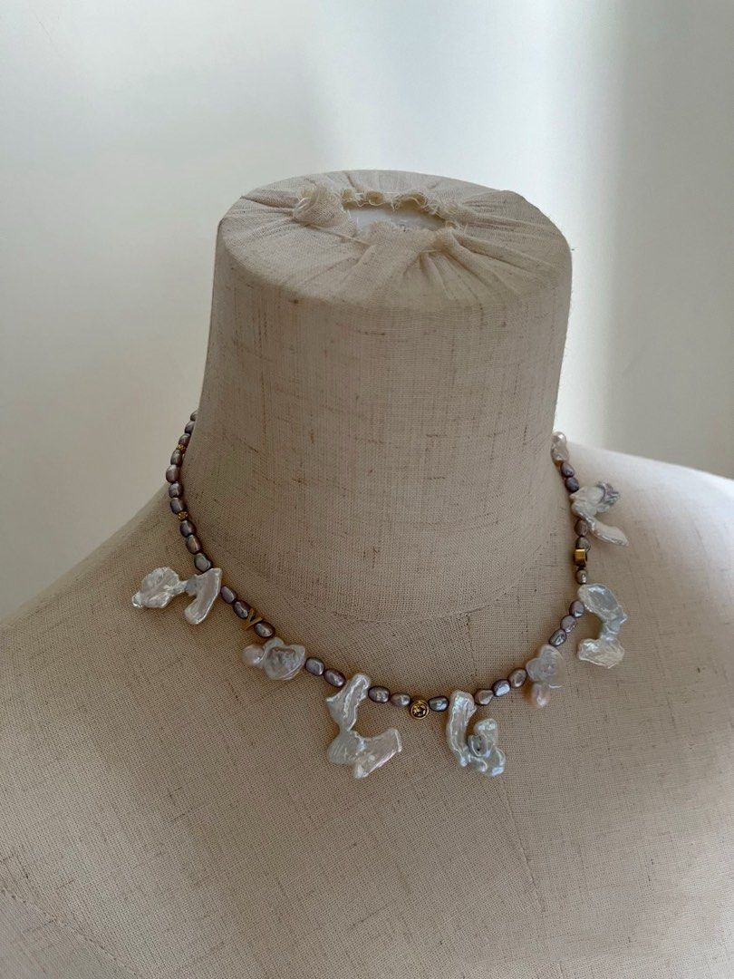 #PN798 Freshwater Pearl Necklace| Blue-Silver Lustrous Fusion Character Petals| Metallic Rice Pearl | Add to Cart Worthy