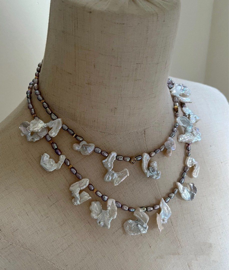 #PN798 Freshwater Pearl Necklace| Blue-Silver Lustrous Fusion Character Petals| Metallic Rice Pearl | Add to Cart Worthy