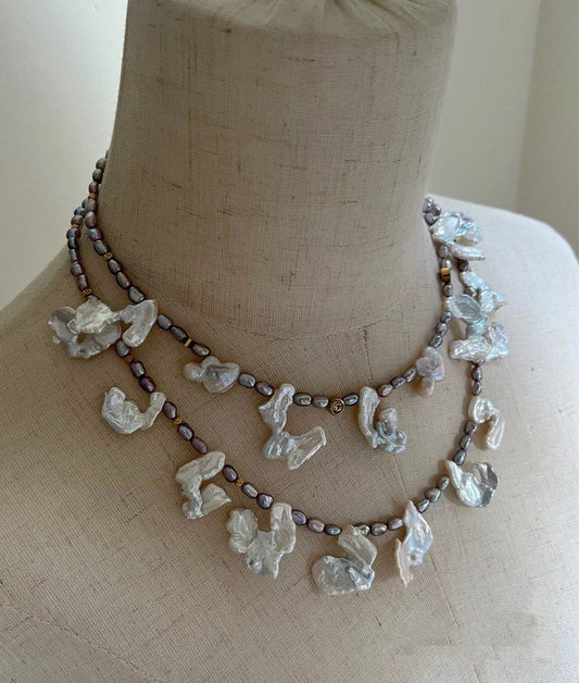 #PN798 Freshwater Pearl Necklace| Blue-Silver Lustrous Fusion Character Petals| Metallic Rice Pearl | Add to Cart Worthy