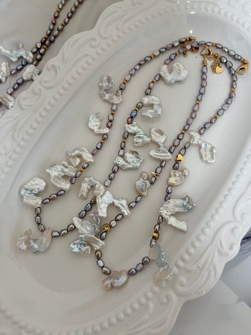 #PN798 Freshwater Pearl Necklace| Blue-Silver Lustrous Fusion Character Petals| Metallic Rice Pearl | Add to Cart Worthy