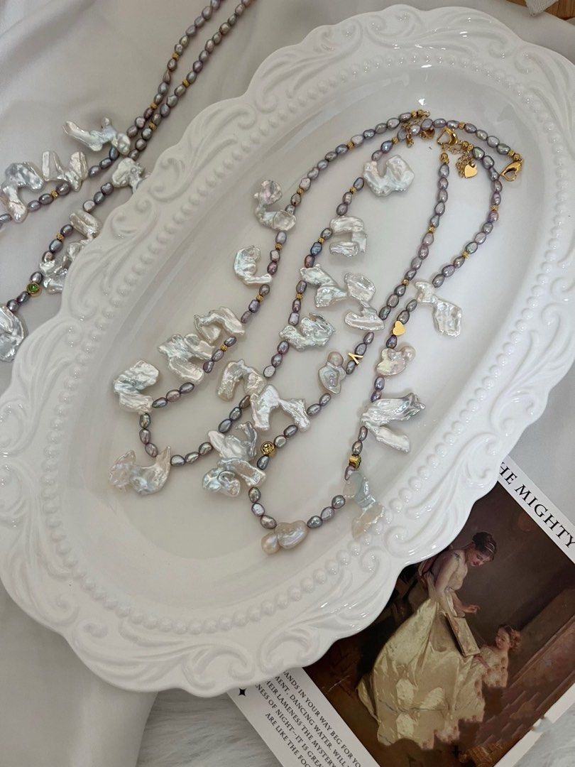 #PN798 Freshwater Pearl Necklace| Blue-Silver Lustrous Fusion Character Petals| Metallic Rice Pearl | Add to Cart Worthy