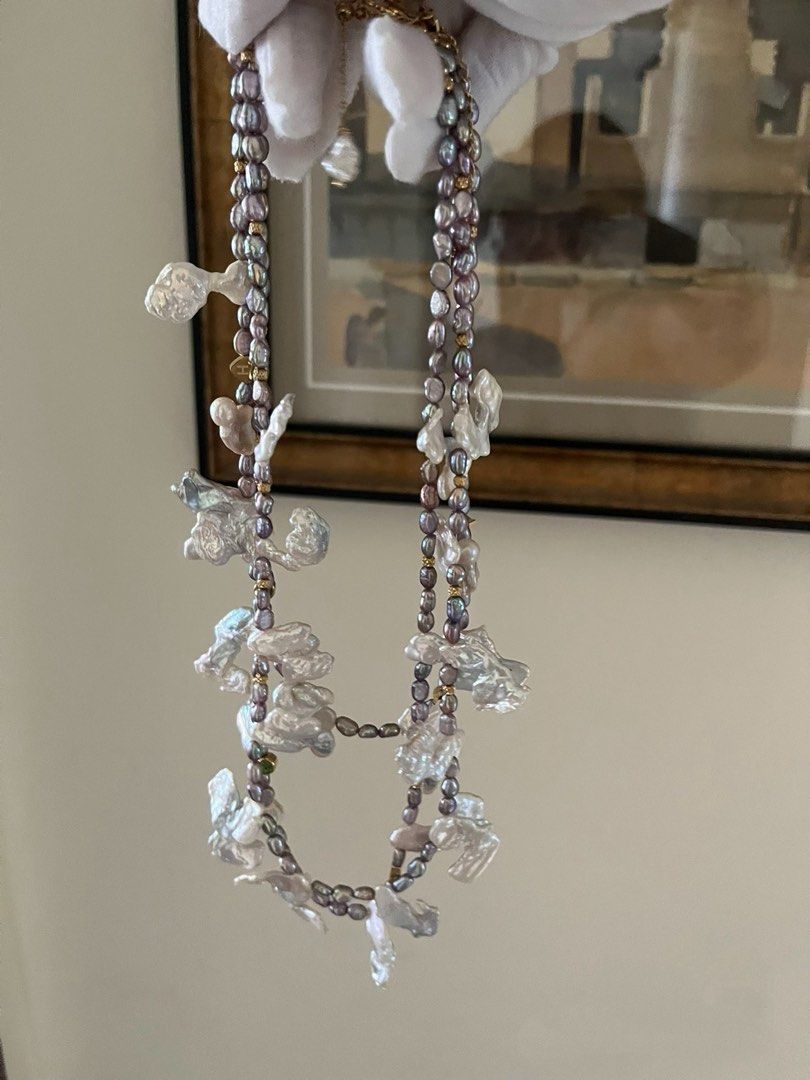 #PN798 Freshwater Pearl Necklace| Blue-Silver Lustrous Fusion Character Petals| Metallic Rice Pearl | Add to Cart Worthy