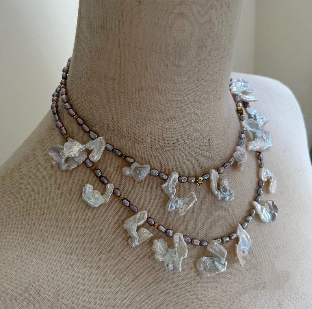 #PN798 Freshwater Pearl Necklace| Blue-Silver Lustrous Fusion Character Petals| Metallic Rice Pearl | Add to Cart Worthy