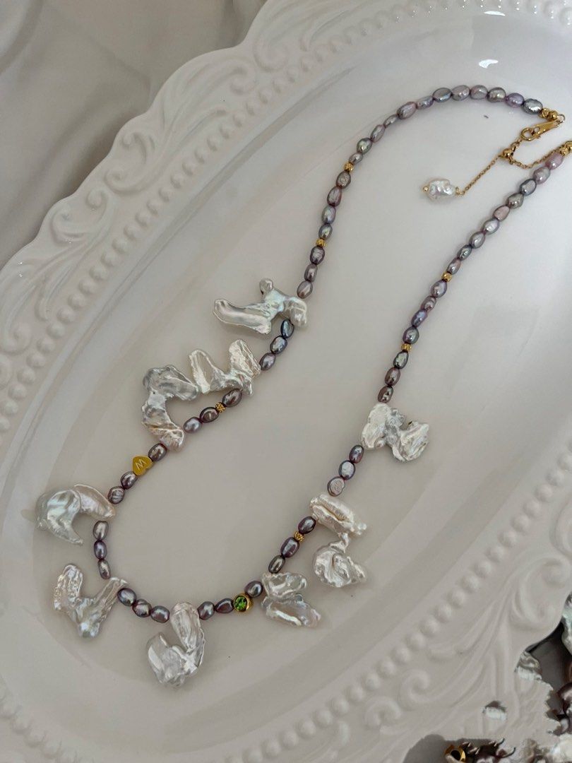 #PN798 Freshwater Pearl Necklace| Blue-Silver Lustrous Fusion Character Petals| Metallic Rice Pearl | Add to Cart Worthy