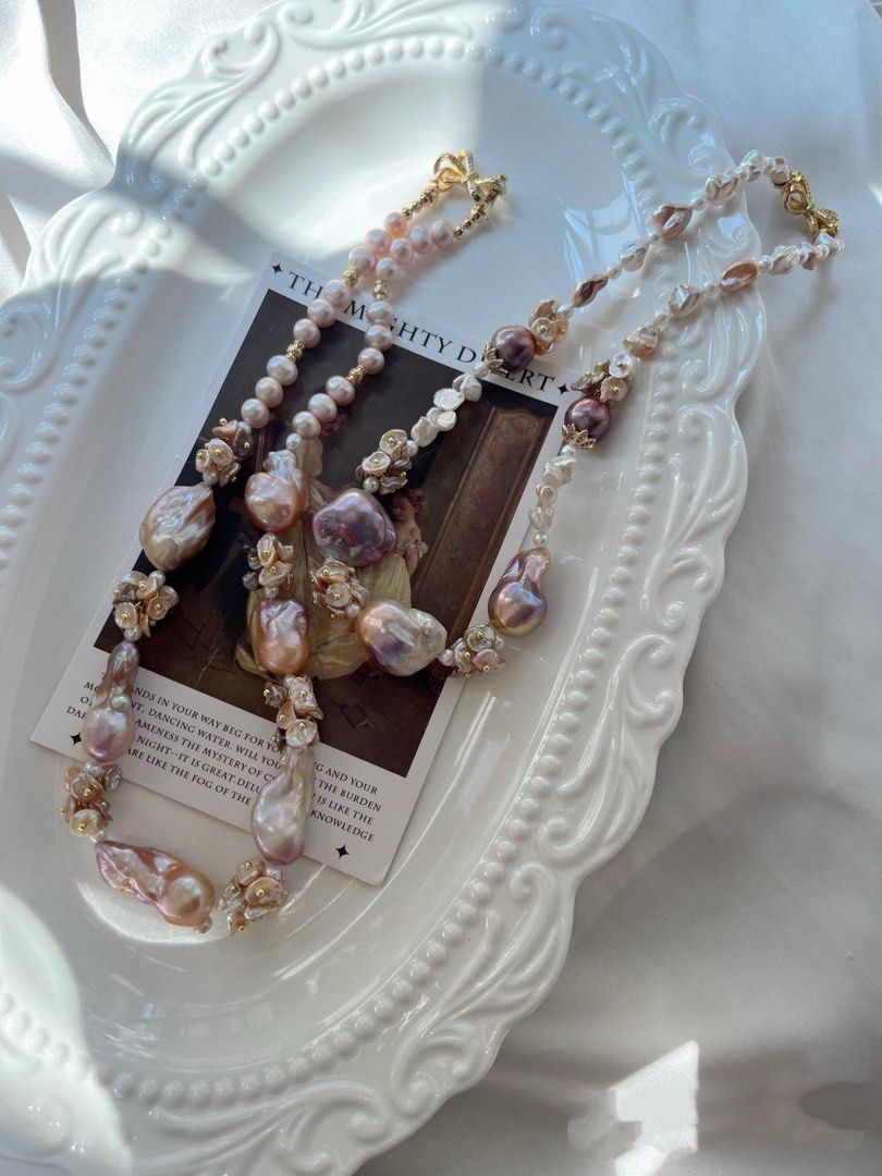 #PN799 [Floral Series] Freshwater Pearl Necklace | Big Fishtail Baroque | Lustrous | Petals| Silver Stone Baroque | High Quality | Instant Style Boost