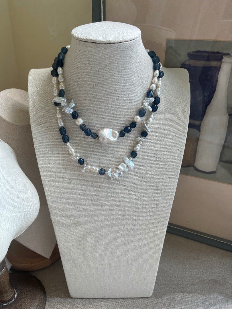 #PN803 Freshwater Pearl & Devil Blue Aquamarine Necklace | Butterfly Silver Baroque Pearl | Gourd Shaped | Fishtail Baroque | Natural Flaws| The Missing Piece