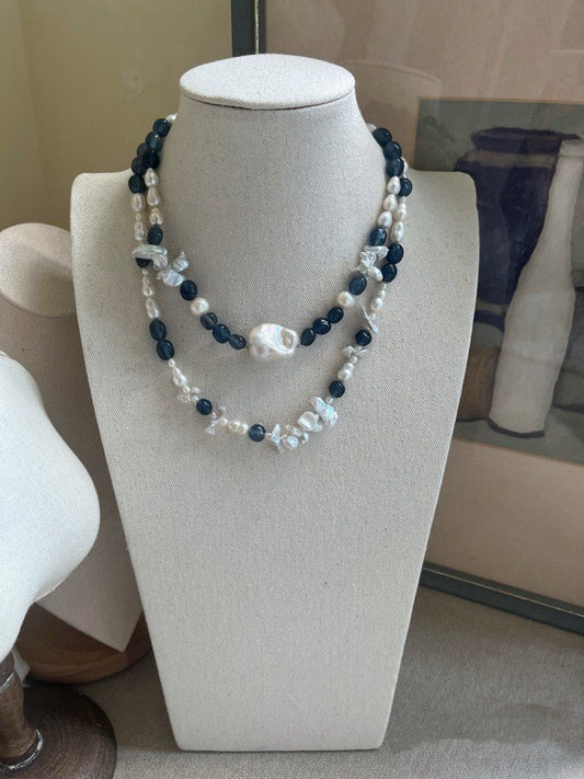 #PN803 Freshwater Pearl & Devil Blue Aquamarine Necklace | Butterfly Silver Baroque Pearl | Gourd Shaped | Fishtail Baroque | Natural Flaws| The Missing Piece