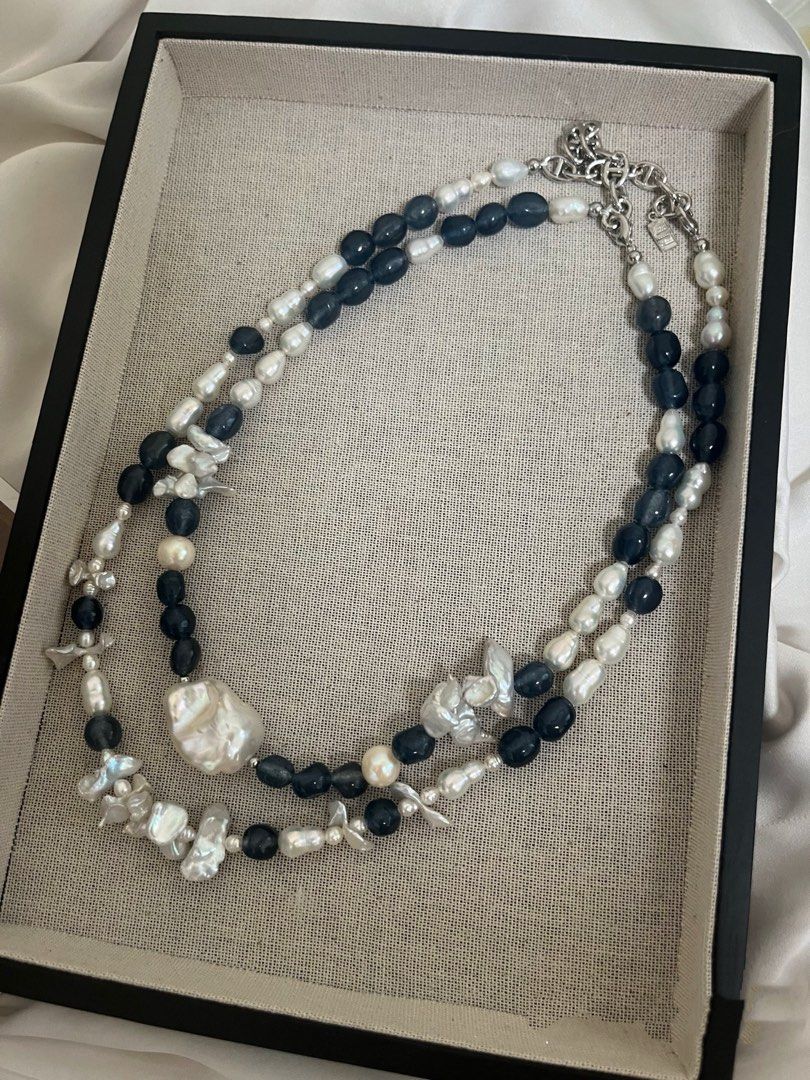 #PN803 Freshwater Pearl & Devil Blue Aquamarine Necklace | Butterfly Silver Baroque Pearl | Gourd Shaped | Fishtail Baroque | Natural Flaws| The Missing Piece